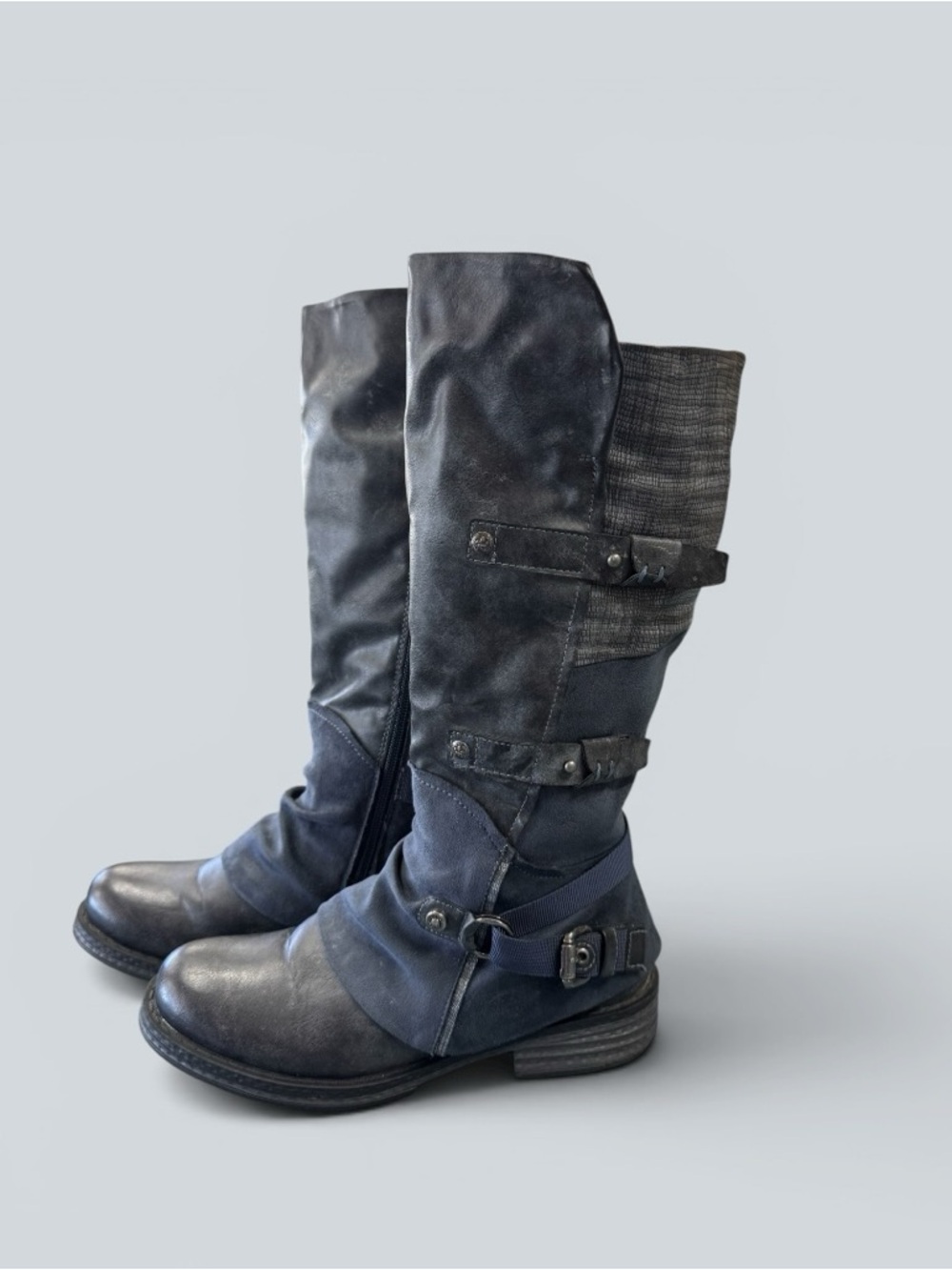 Rieker Knee-High Boot edgy buckle details and a functional side zipper Blue 8.5